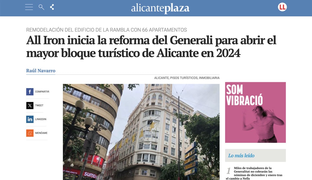 Noticia web sobre el proyecto de reforma para convertir el edificio Generali en un gran complejo turístico en Alicante, bajo la dirección de "Easier Gestión" y cuya inauguración está prevista para 2024