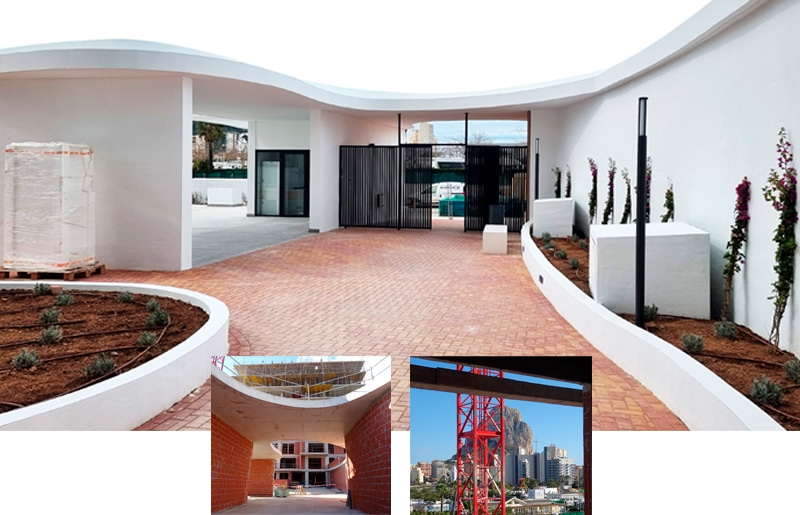 Moderno edificio residencial con fachada curva, con pavimento de ladrillo y parterres ajardinados, gestión más sencilla de las imágenes insertadas en la obra.